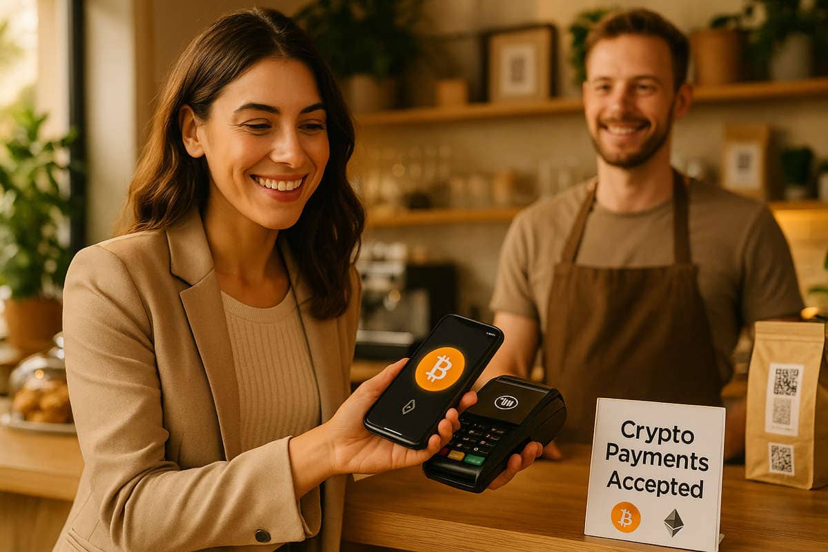Donna italiana che paga con smartphone in caffetteria usando criptovalute, esempio di utilizzi pratici quotidiani.