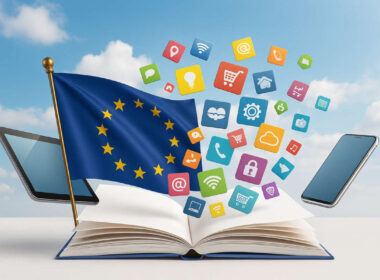 ESAP – Mercato Unico Digitale UE con icone e bandiera europea