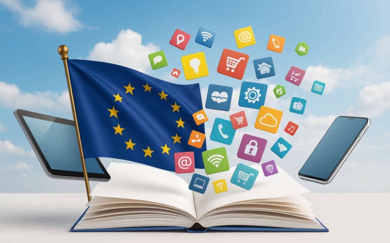 ESAP – Mercato Unico Digitale UE con icone e bandiera europea