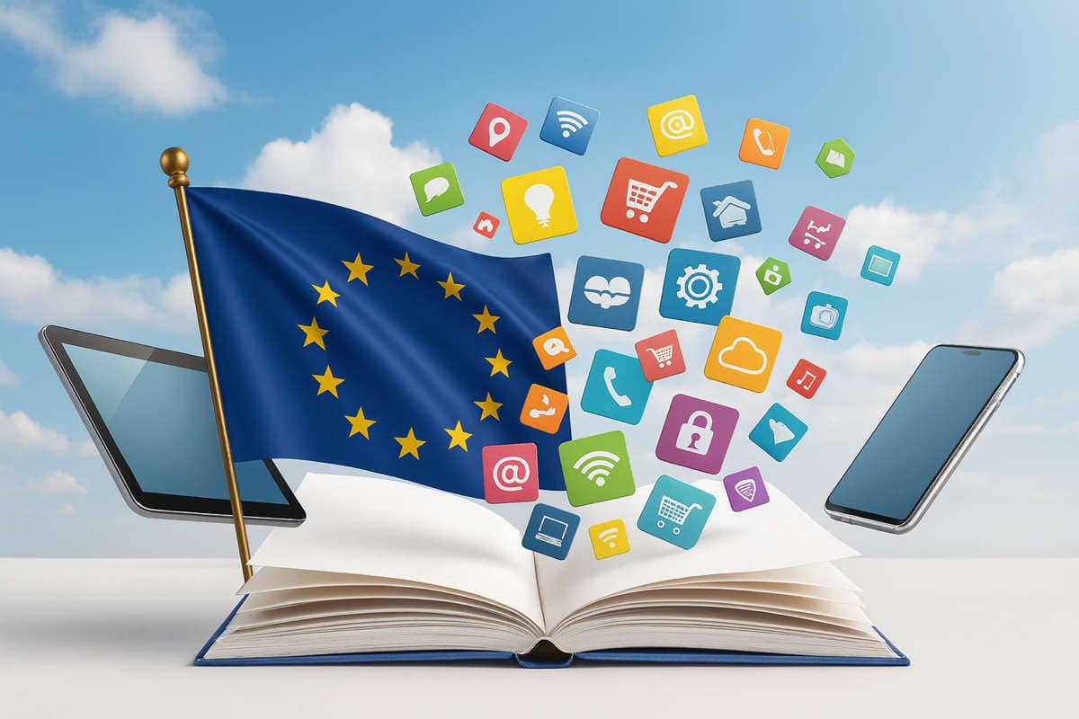ESAP – Mercato Unico Digitale UE con icone e bandiera europea