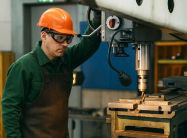 Operaio con casco arancione al tornio, esempio di lavori usuranti