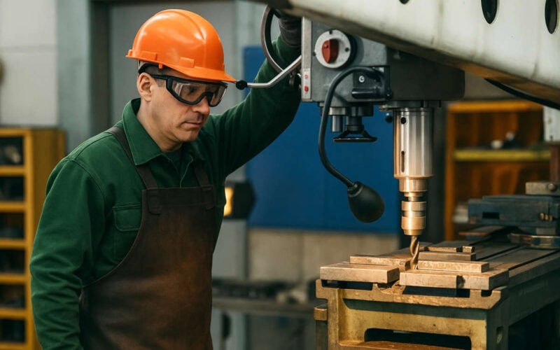 Operaio con casco arancione al tornio, esempio di lavori usuranti