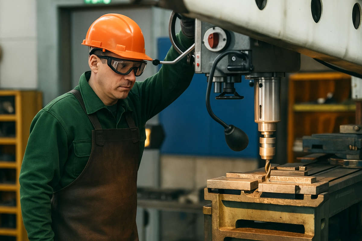 Operaio con casco arancione al tornio, esempio di lavori usuranti