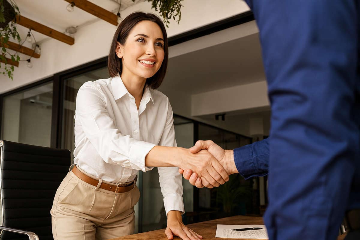 Incontro professionale con mediatori creditizi con stretta di mano in ufficio moderno