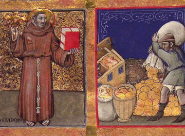 Miniatura medievale raffigurante un frate con libro e croce accanto a un uomo che accumula monete – origine dei monti di pietà