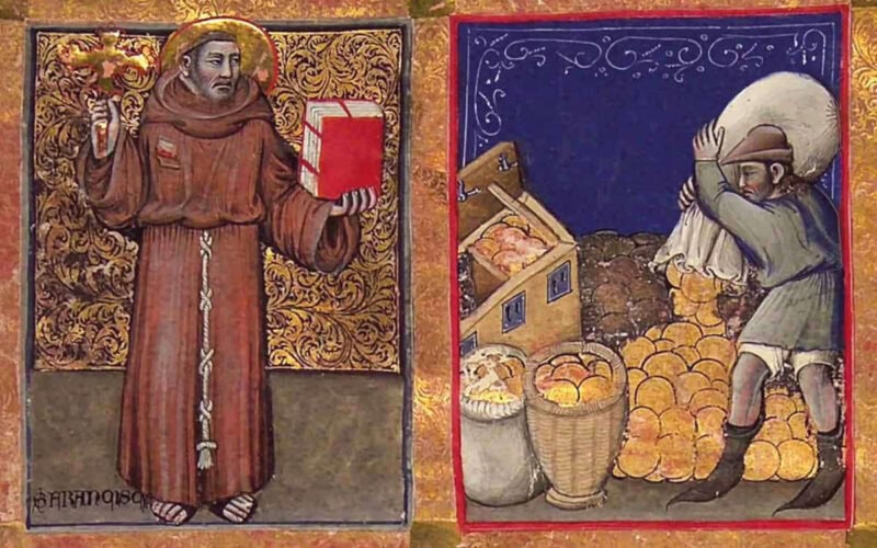 Miniatura medievale raffigurante un frate con libro e croce accanto a un uomo che accumula monete – origine dei monti di pietà