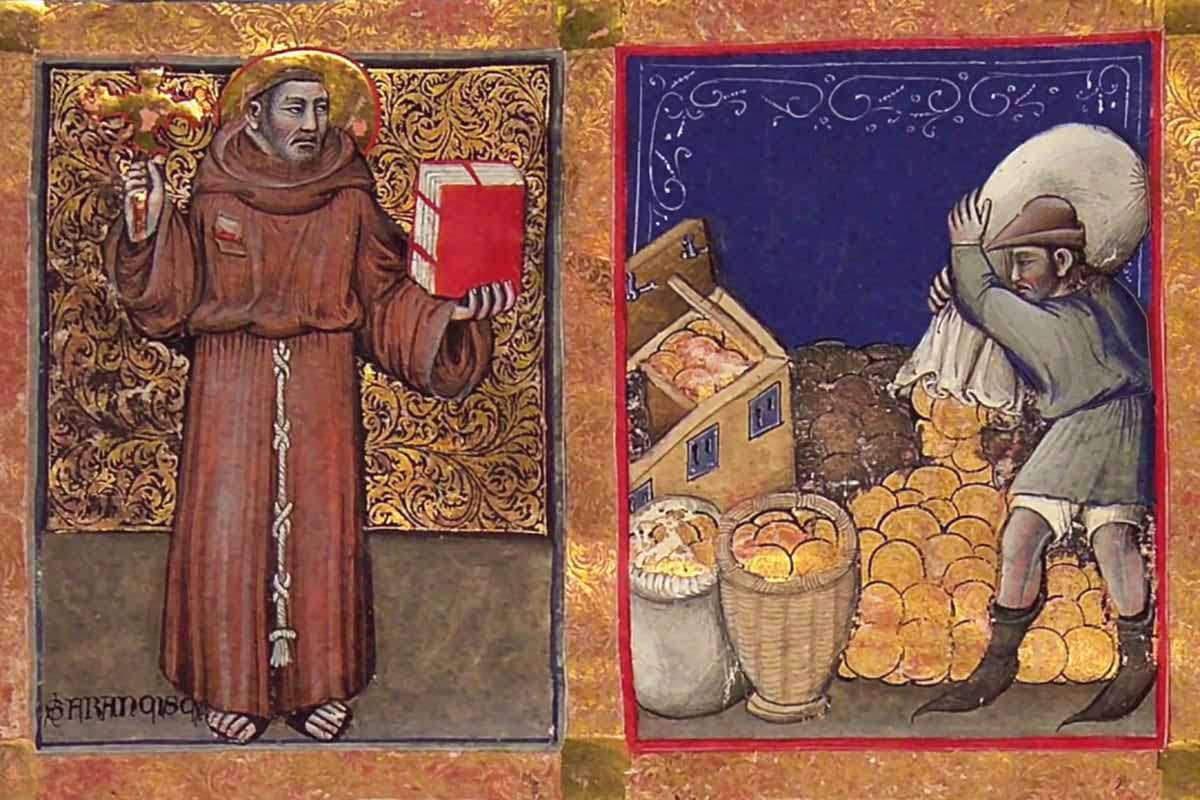 Miniatura medievale raffigurante un frate con libro e croce accanto a un uomo che accumula monete – origine dei monti di pietà