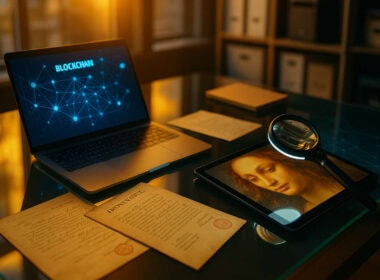 Scrivania di ricercatore con documenti di provenienza, blockchain e analisi digitale di opere d’arte rubate.