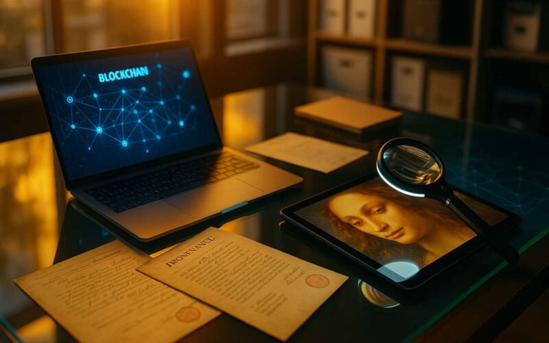 Scrivania di ricercatore con documenti di provenienza, blockchain e analisi digitale di opere d’arte rubate.