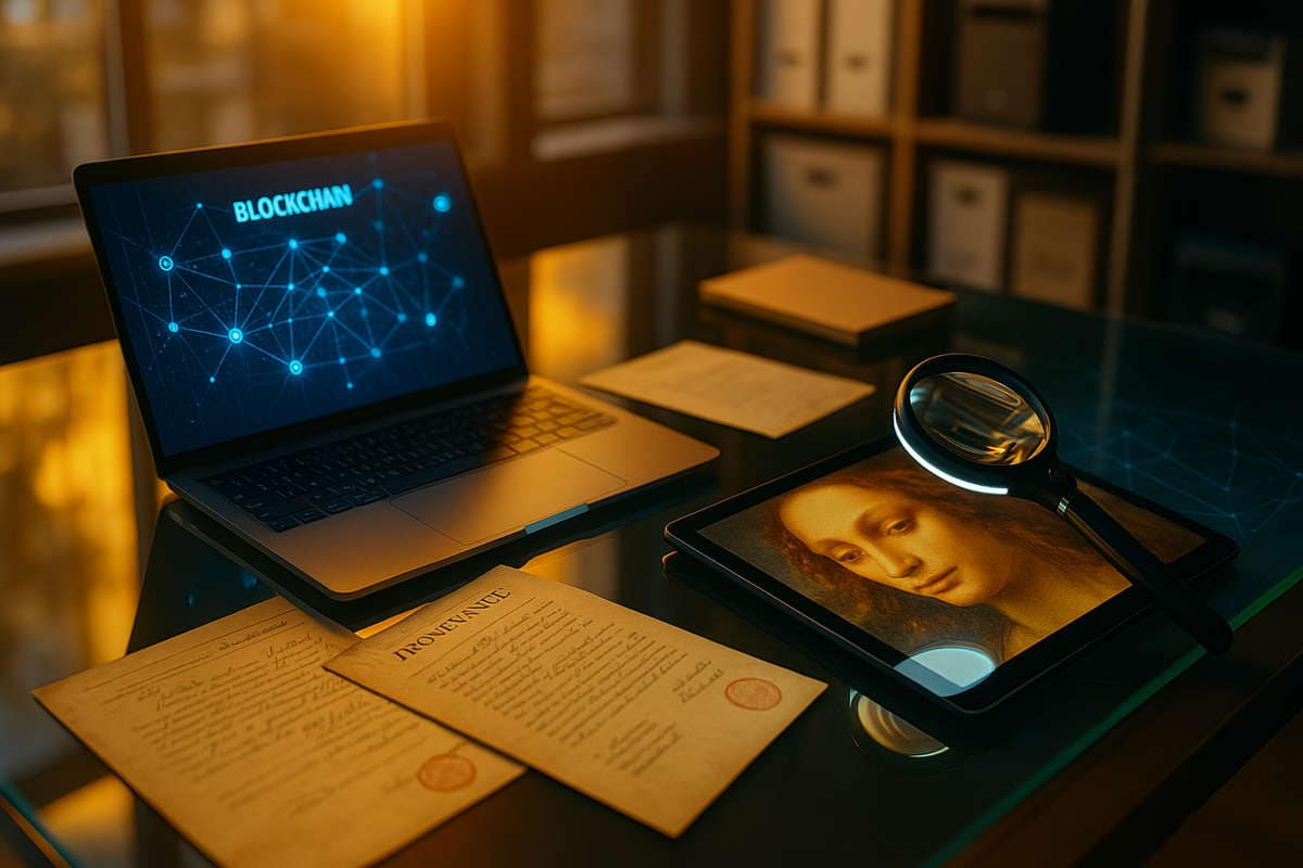Scrivania di ricercatore con documenti di provenienza, blockchain e analisi digitale di opere d’arte rubate.
