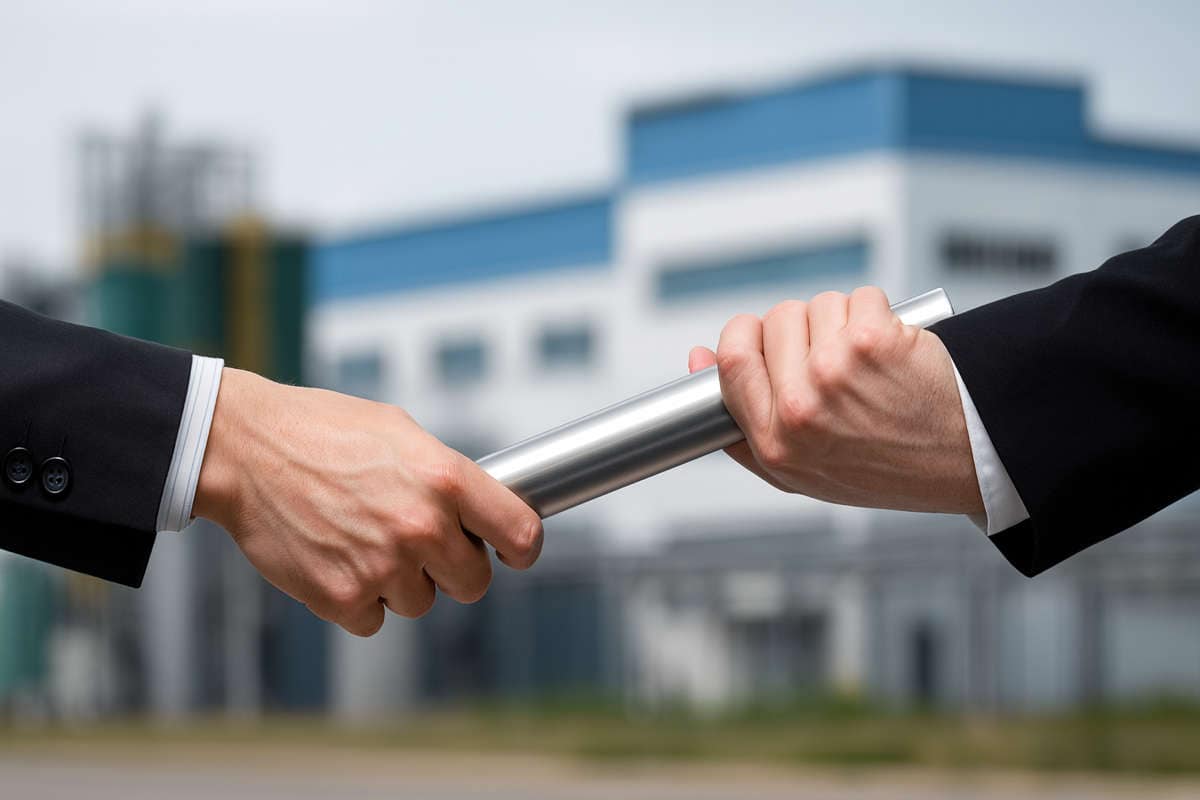 Due persone in abito formale che si passano un testimone d’acciaio davanti a un’azienda sfocata – concetto di passaggio generazionale PMI