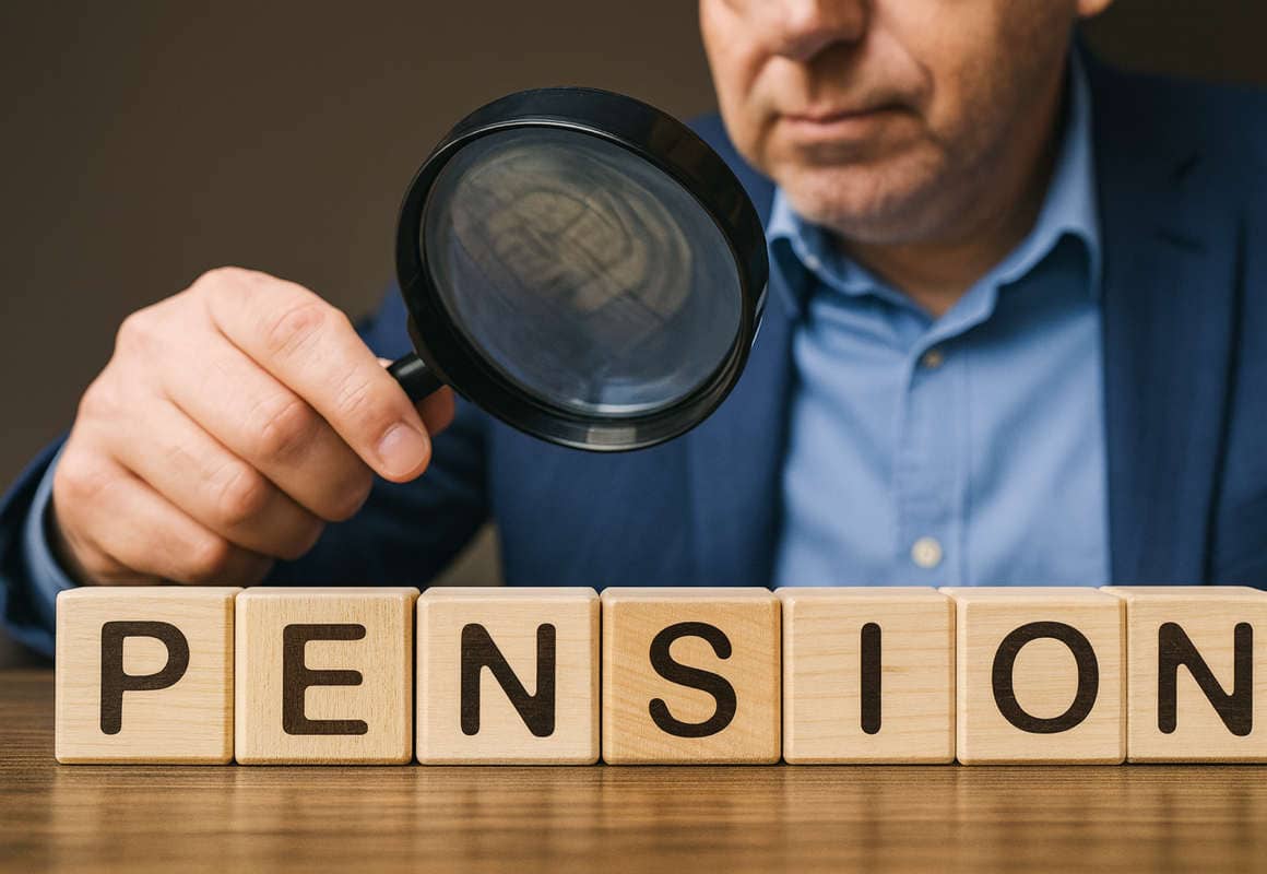 Pensione anticipata precoci: uomo in giacca blu osserva con lente la parola pensione