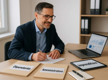Manager al lavoro con fascicoli su posizioni complesse dipendente, amministratore e imprenditore