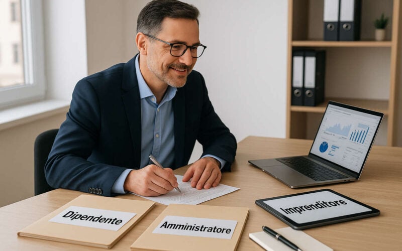 Manager al lavoro con fascicoli su posizioni complesse dipendente, amministratore e imprenditore