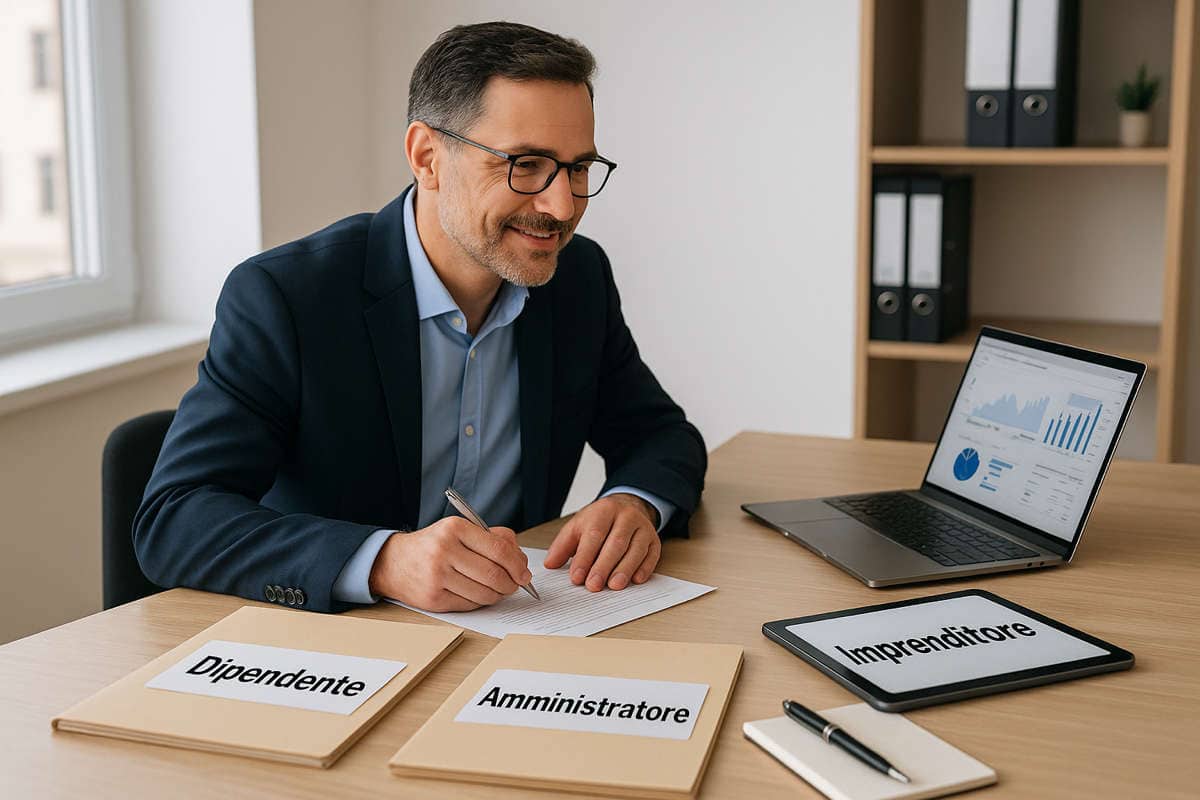 Manager al lavoro con fascicoli su posizioni complesse dipendente, amministratore e imprenditore