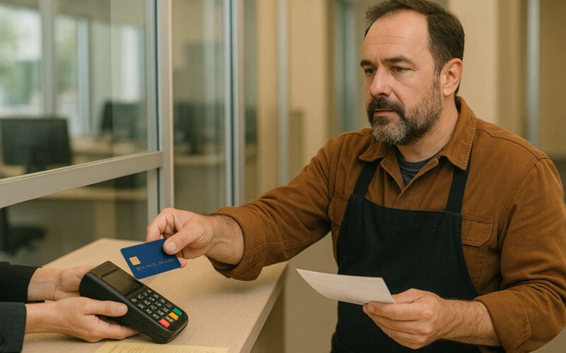 Commerciante allo sportello bancario che effettua un pagamento per il riscatto contributi non versati