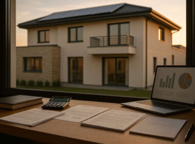 Scrivania con documenti fiscali e laptop davanti a una moderna casa italiana, concetto di superbonus e prima casa