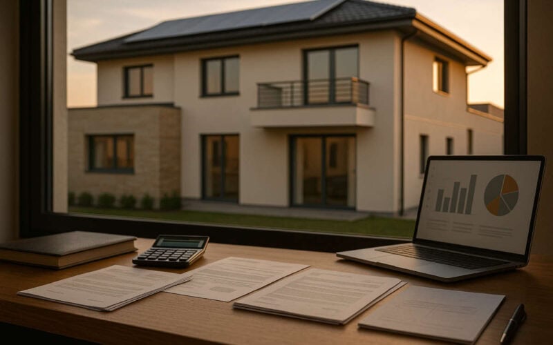 Scrivania con documenti fiscali e laptop davanti a una moderna casa italiana, concetto di superbonus e prima casa