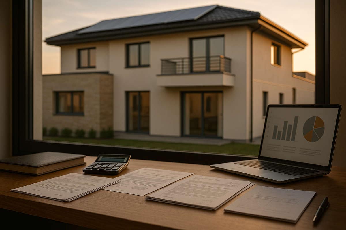 Scrivania con documenti fiscali e laptop davanti a una moderna casa italiana, concetto di superbonus e prima casa