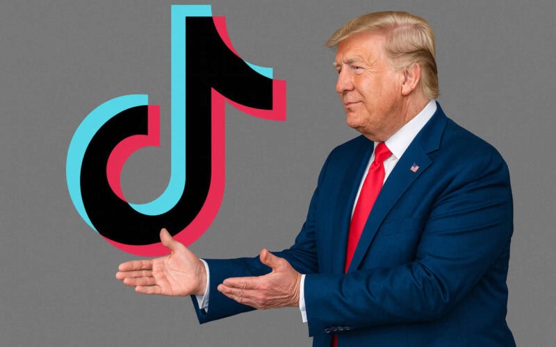 Donald Trump davanti al logo di TikTok su sfondo grigio, simbolo del dibattito sulla sovranità digitale.