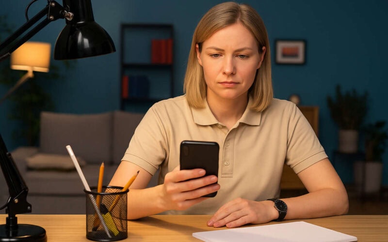 Donna di 35 anni controlla lo smartphone alla scrivania per la verifica del beneficiario di un bonifico istantaneo.