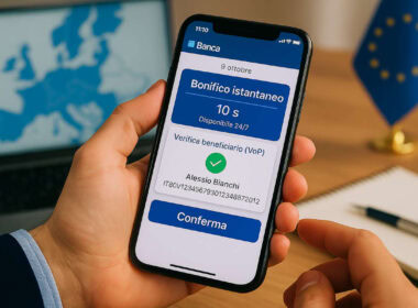Smartphone con app bancaria e schermata di verifica del beneficiario
