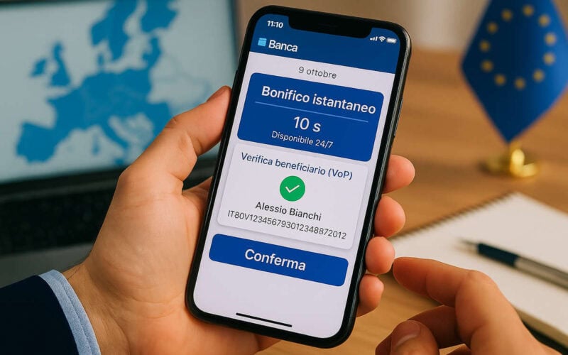 Smartphone con app bancaria e schermata di verifica del beneficiario