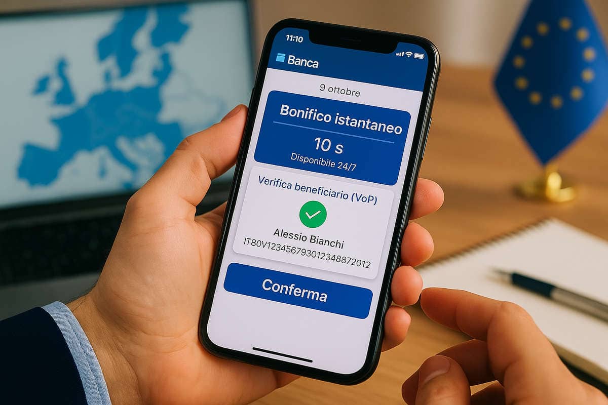 Smartphone con app bancaria e schermata di verifica del beneficiario