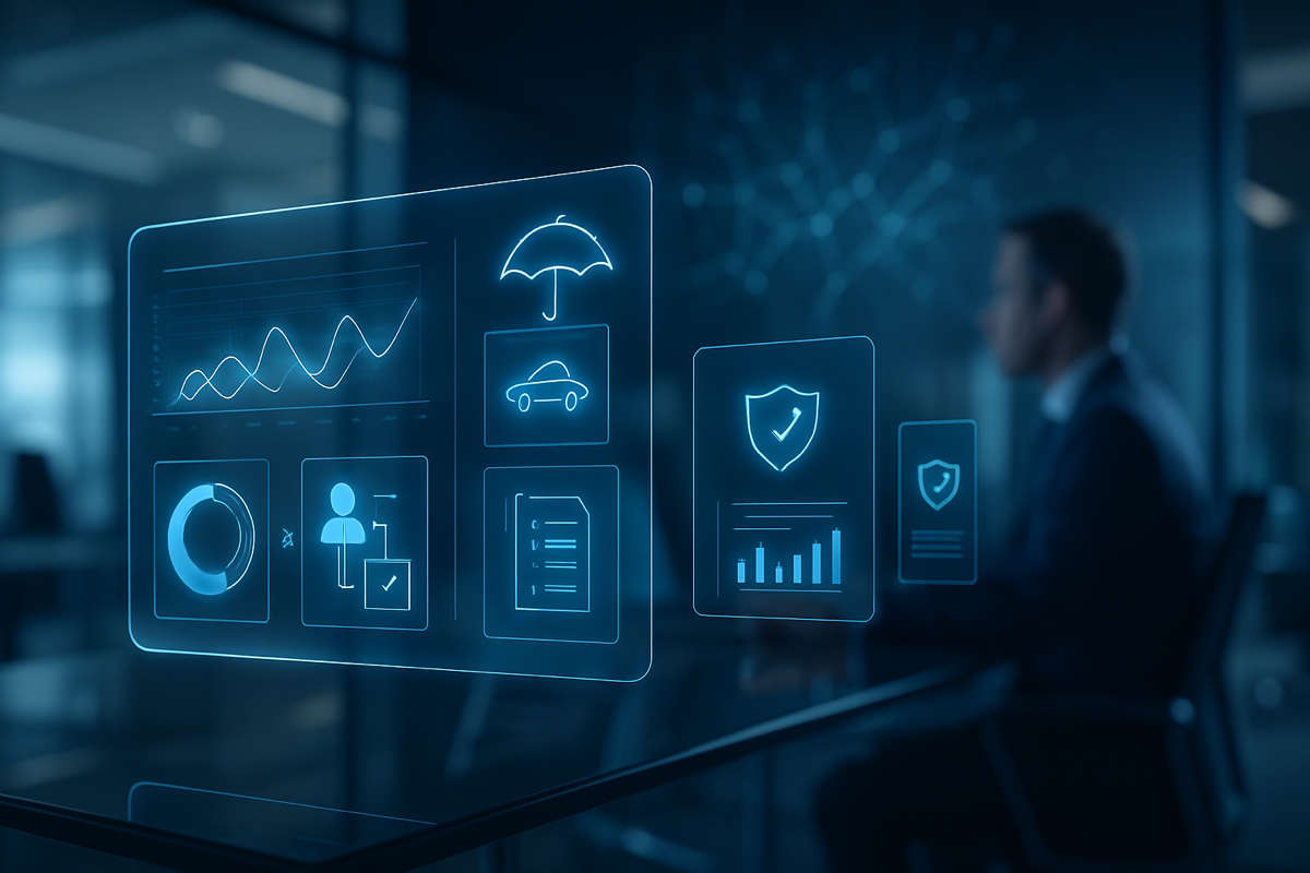AI agentico: interfacce olografiche e dati assicurativi in un ufficio digitale