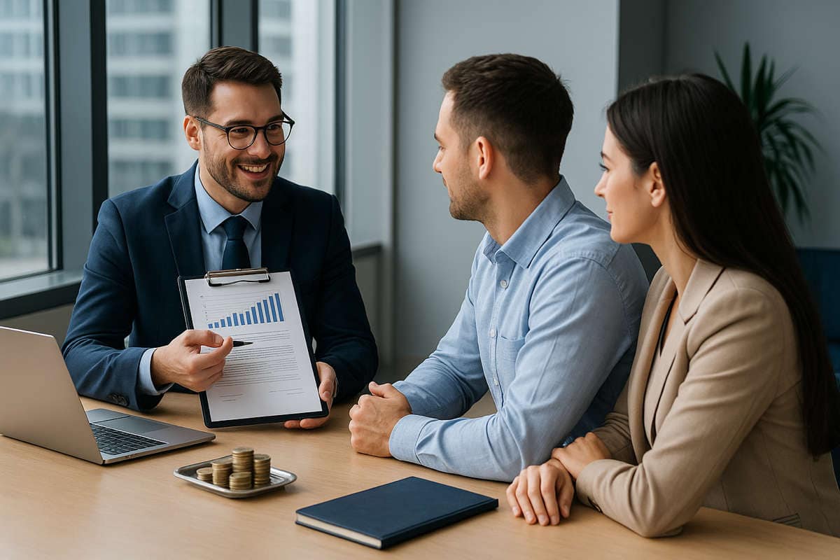 Consulente finanziario presenta un piano di crescita a due imprenditori in ufficio moderno, simbolo del credito agevolato PMI.
