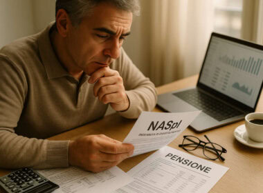 Uomo italiano di mezza età al desk che confronta documenti NASpI e pensione con calcolatrice e laptop.