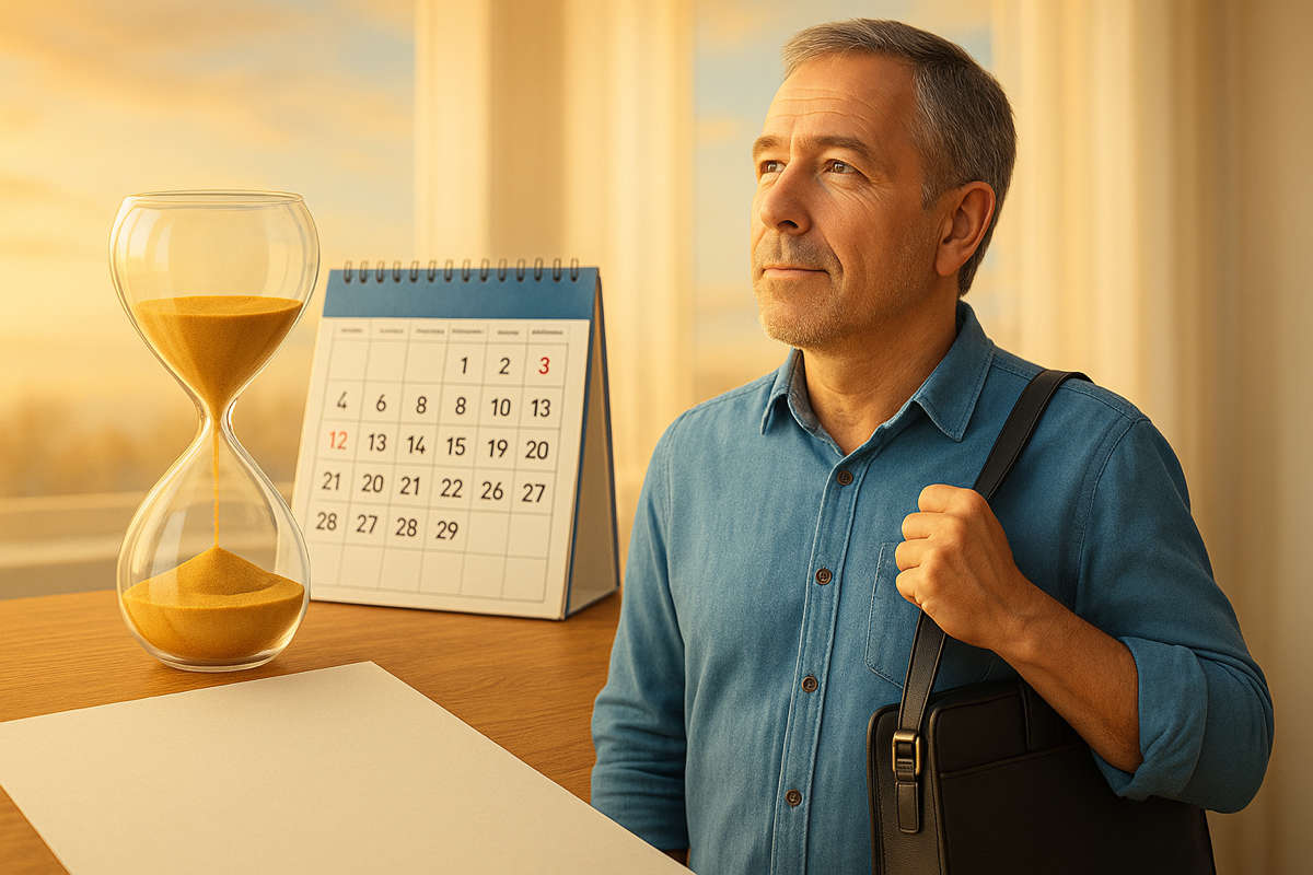 Uomo di mezza età guarda verso l’orizzonte accanto a una clessidra e un calendario, simbolo del tempo che passa, per un articolo sulla pensione anticipata per disoccupati.