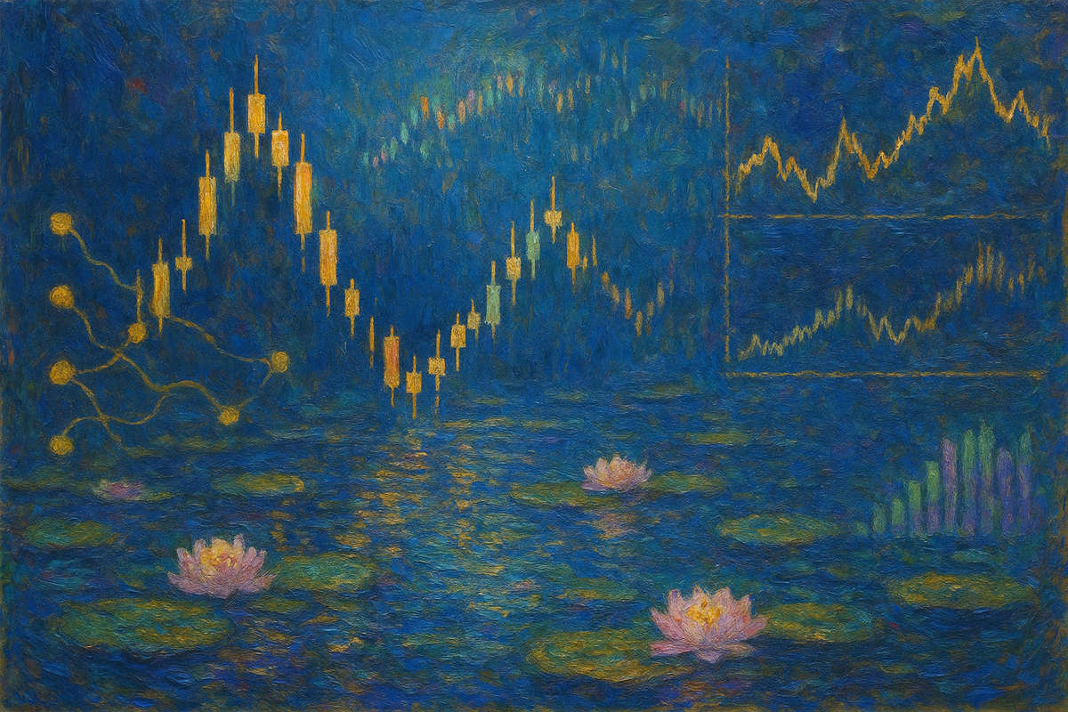 Grafico finanziario impressionista con algoritmi trading AI su sfondo di ninfee e colori eterei