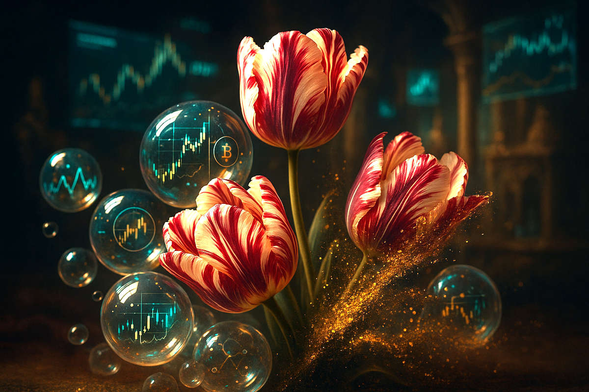 Tulipani rossi e bianchi circondati da bolle luminose con simboli digitali, metafora delle bolle speculative tra arte e finanza.