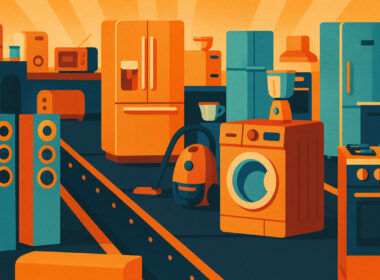 Illustrazione di elettrodomestici colorati su sfondo moderno per bonus elettrodomestici 2025