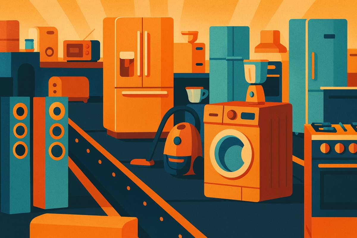 Bonus elettrodomestici 2025: come ottenere lo sconto fino a 200 euro. Illustrazione di elettrodomestici colorati su sfondo moderno per bonus elettrodomestici 2025