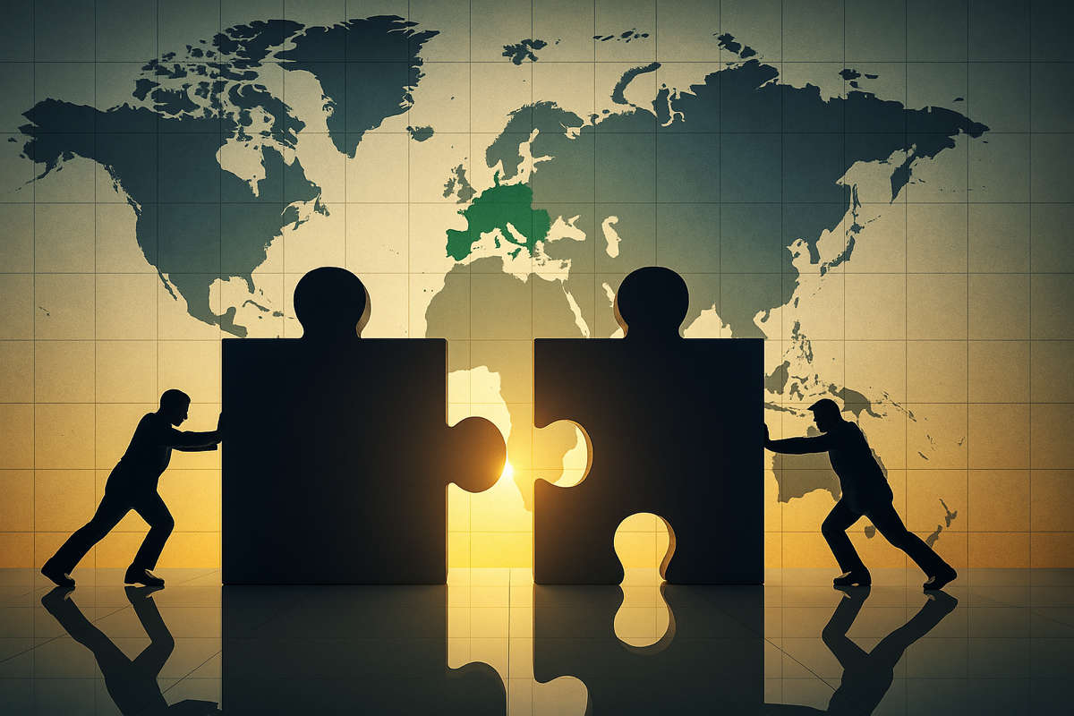 Due figure spingono pezzi di puzzle verso l’unione davanti a una mappa con l’Italia evidenziata – simbolo di consolidamento M&A