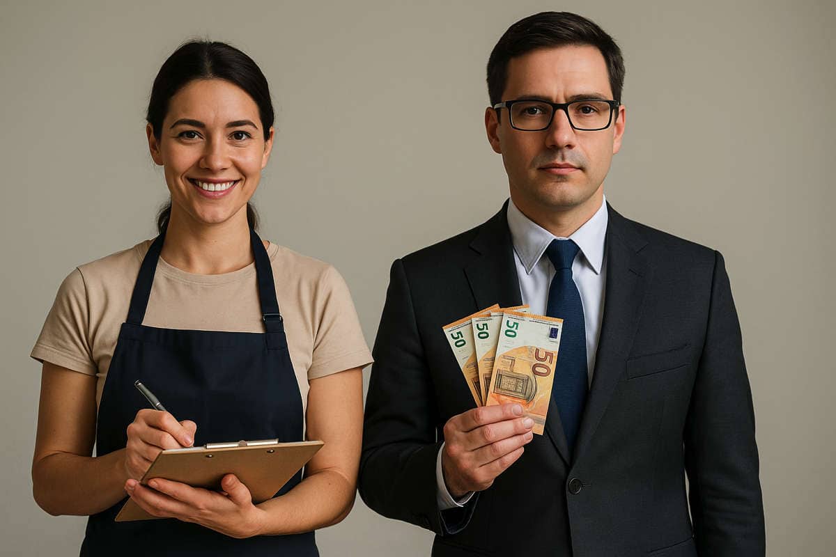 Commercianti e lavoratori dipendenti: si possono versare contributi in entrambe le gestioni?. Donna commerciante e uomo in giacca che rappresentano i contributi gestione commercianti tra lavoro autonomo e dipendente