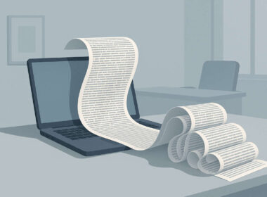 Laptop moderno con un lungo foglio di testo legale che fuoriesce dallo schermo e si arrotola sulla scrivania, simbolo del disclaimer email.