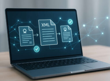 Laptop che mostra il flusso digitale di una fattura elettronica con documenti XML e icone di verifica