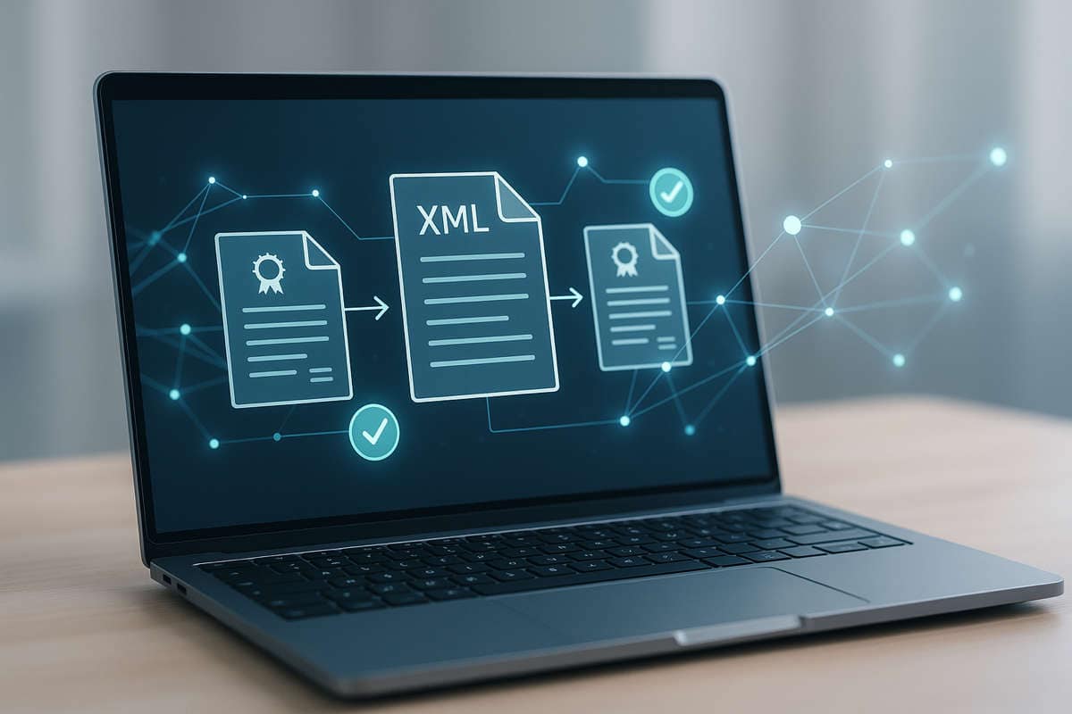 Laptop che mostra il flusso digitale di una fattura elettronica con documenti XML e icone di verifica