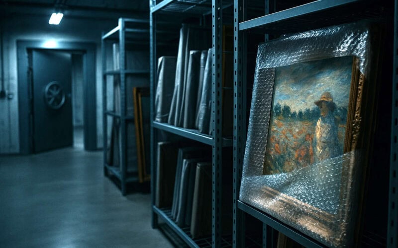 Caveau di un freeport con opere d'arte imballate e protette in scaffalature industriali