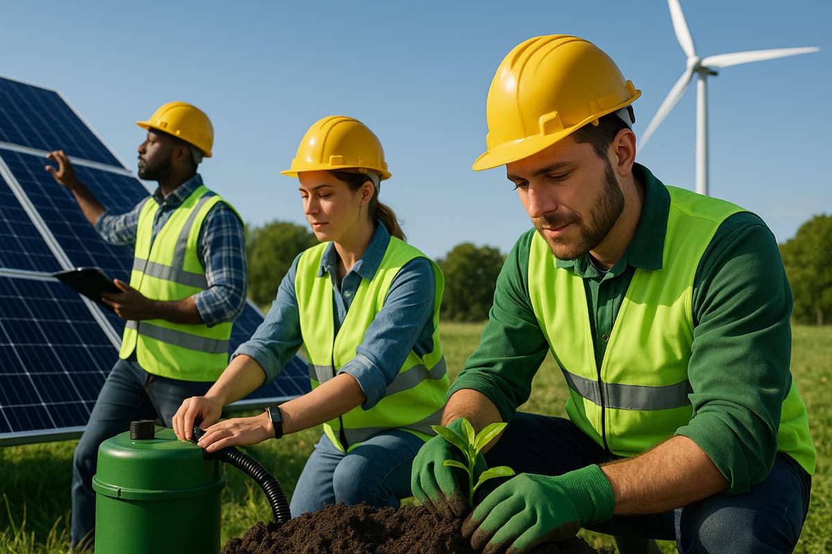 Operai impegnati in lavori green tra pannelli solari e turbine eoliche in un campo soleggiato.