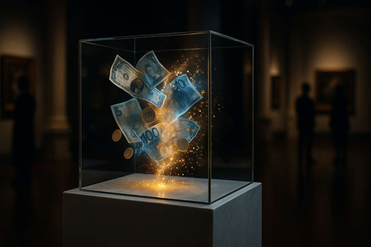 Il denaro immaginario. Installazione artistica in un museo con banconote e monete sospese che si dissolvono in luce dorata, simbolo del valore del denaro.