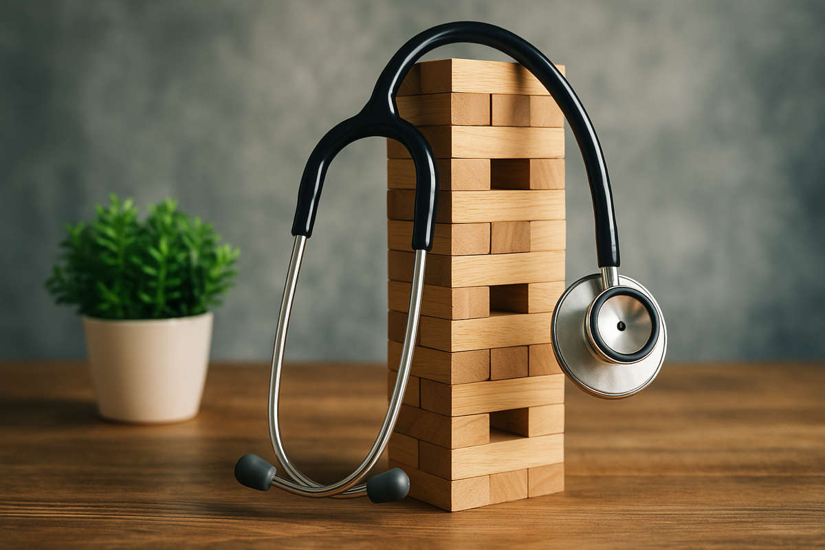 Pensione dei medici: davvero assegni d’oro? Oppure solo illusioni?. Stetoscopio appoggiato su una torre di legno instabile, simbolo dell’equilibrio precario del sistema pensione medici.