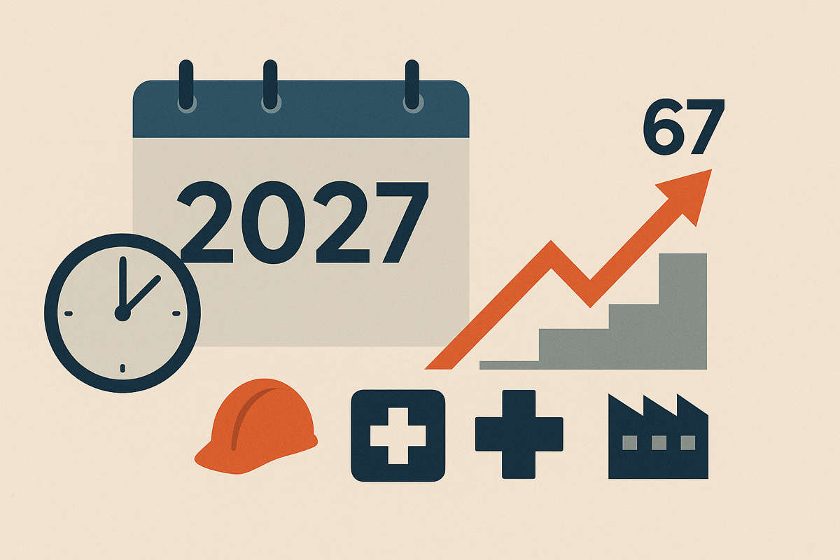 Infografica sui requisiti pensione 2027 con calendario, orologio e grafico in salita