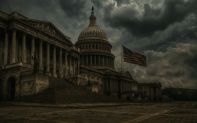 Capitol Hill desolato sotto cieli cupi durante lo shutdown USA 2025