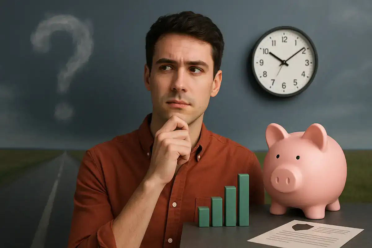 10 falsi miti sulla pensione — giovane professionista pensieroso davanti a un salvadanaio e a un grafico di crescita, simbolo di pianificazione previdenziale e finanziaria.