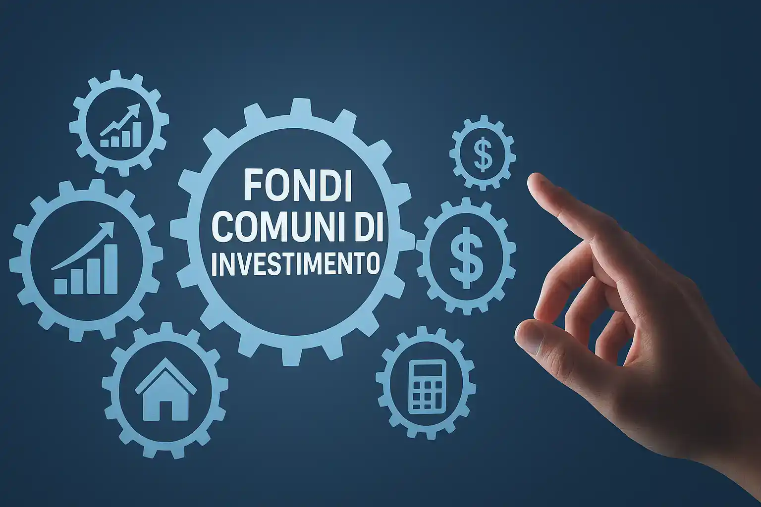 fondi comuni di investimento — concetto visuale con ingranaggi e simboli finanziari che rappresentano crescita, risparmio e pianificazione economica.