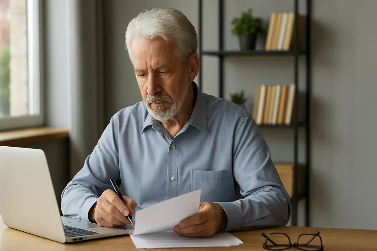 Lavorare dopo la pensione: uomo senior alla scrivania mentre analizza documenti di lavoro.
